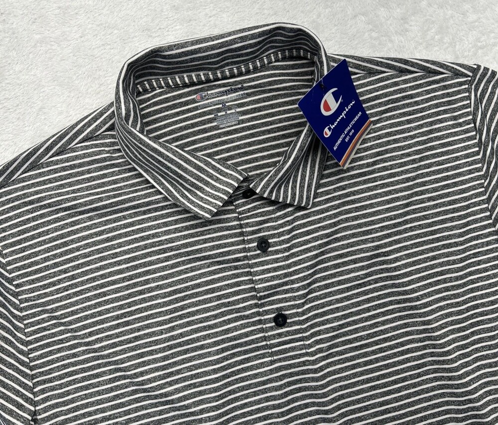 Champion Short Sleeve Gray/White Stripe Collar Shirt Mens M 100% Polyester NWT